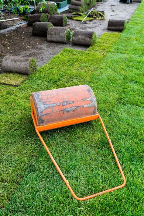 Old Steel Garden Grass Roller on the Fresh Lawn Stock Photo - Image of ...