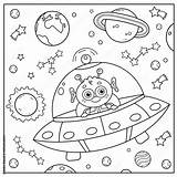 Coloring Page Outline Of A cartoon Flying Saucer With Alien In space  sketch template