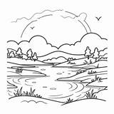 Puesta De Sol Sobre Un Rio Para Colorear Vector PNG  Esquema Imagen sketch template