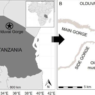 A. olduvai Gorge, northern Tanzania. B. olduvai Gorge, with the ...