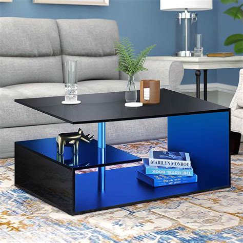 LED Coffee Table Modern High Gloss Tea Table with 3 Tier S-Shaped Open Storage Shelf Black ...