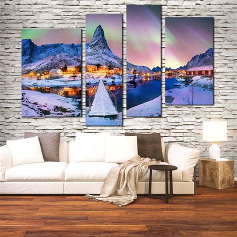 Aurora Borealis Canvas Wall Art, Lofoten Island 4 Piece Canvas Print, – Dwallart