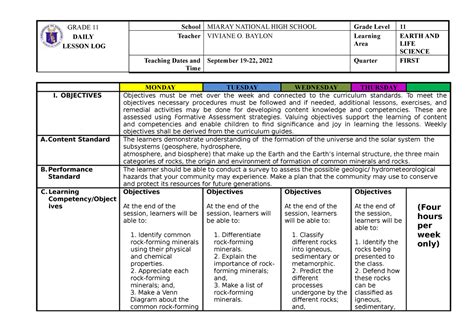 Earth AND LIFE Science DLL - 5th week - GRADE 11 DAILY LESSON LOG ...