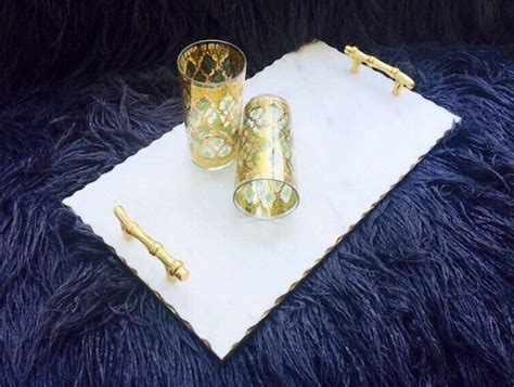 White Marble Serving Tray with Gold Gilded Bamboo Handles