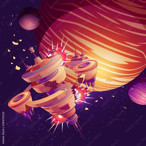 Future spaceship or orbital station crash cartoon vector with firing, breaking on pieces and ...