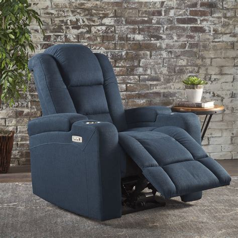 Everette Tufted Navy Blue Fabric Power Recliner with Arm Storage and USB Cord | Power recliners ...