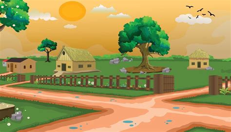 Village cartoon background illustration morning background with sun, four houses trees, and ...