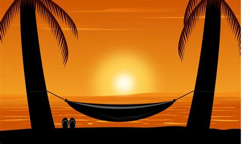 Silhouette of palm tree and hammock on beach under sunset sky background. Design summer vector ...