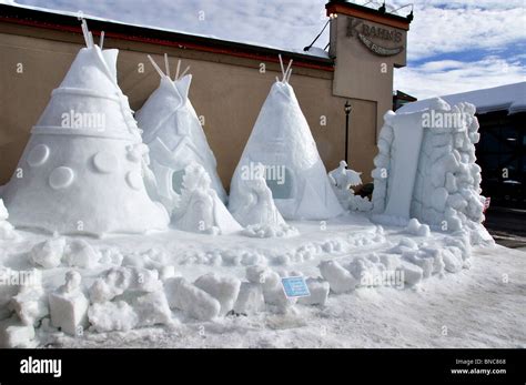 USA, Idaho, McCall, A Snow Sculpture for the McCall Winter Carnival ("Native Settlers of Idaho ...