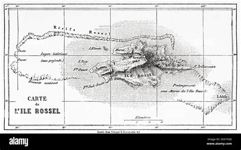 Old map of Rossel Island, Papua New Guinea. Shipwreck and scenes of anthropophagy on the Rossel ...