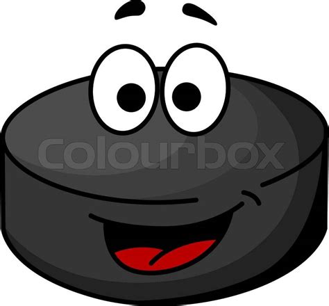 Cute black cartoon ice hockey puck with a red tongue and googly eyes ...