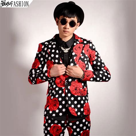 New style Men's fashion Polka dot flower Slim suit Korean version male singer stage costume ...