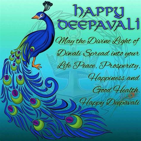 happy deepavali greeting card with peacock on blue background and words in the middle