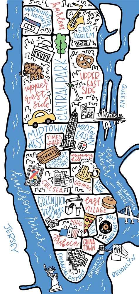 Custom illustrated map of New York City featuring Manhattan neighborhoods from the East Village ...