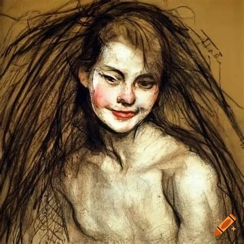 Charcoal portrait of a woman with messy hair on Craiyon