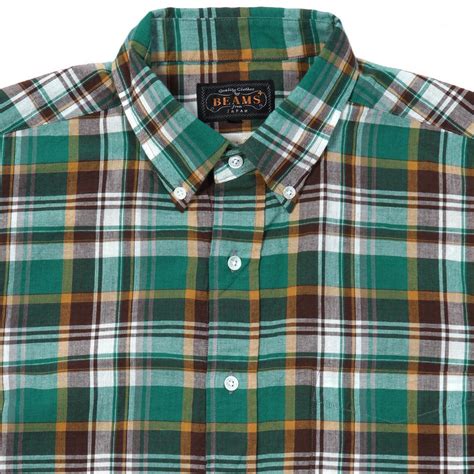 Beams Plus Button Down Madras Shirt Green, White & Brown | END.