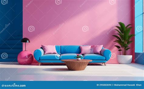 Beautiful Barbie Pink and Blue Interior of Modern Living Room with Pink Walls, Pink Sofa and ...