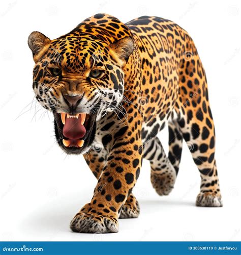 Snarling Jaguar in Aggressive Stance Isolated on White. Generative Ai Stock Illustration ...