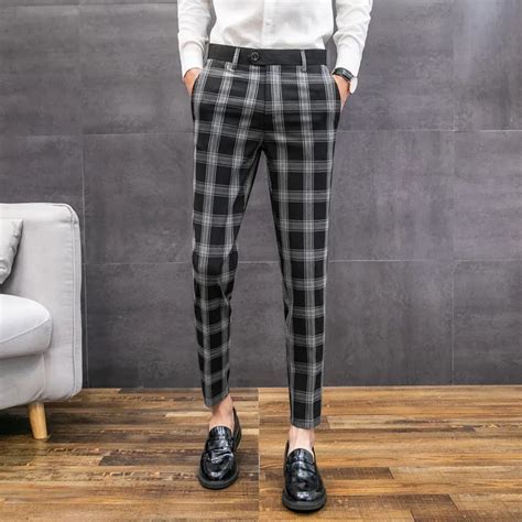 British Style Plaid Slim Fit Dress Pants 2019 Summer Check Pants Mens Fashion Men Pants Formal ...