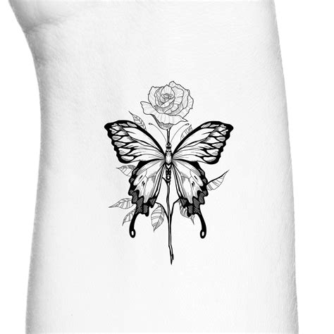 Butterfly Rose With Stem Outline Temporary Tattoo / Insect - Etsy