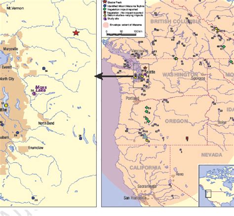 Extent of deposition from the Plinian eruption of Mount Mazama, and... | Download Scientific Diagram