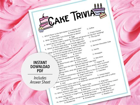 Cake Trivia Cake Trivia Game Printable Cake Trivia Printable Trivia Dessert Trivia Food Trivia ...