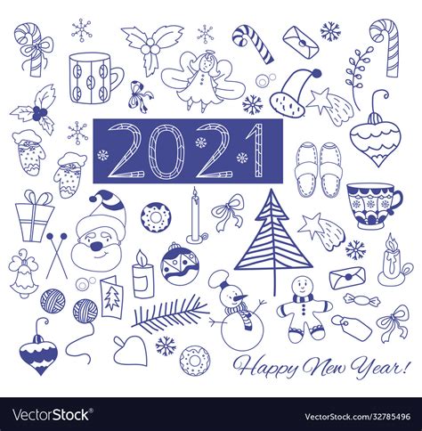 2021 new year set cute doodles drawings Royalty Free Vector