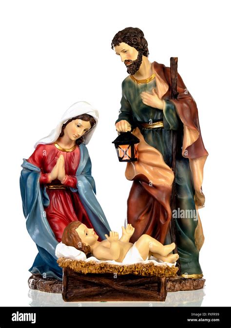 Scene of the nativity: Mary, Joseph and the Baby Jesus isolated on a white background Stock ...