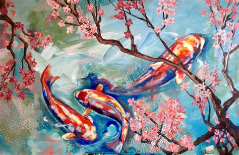 Colorful Original Koi Fish Painting PRINT on Canvas or Paper, Cherry Blossoms, Modern, Spa Art ...