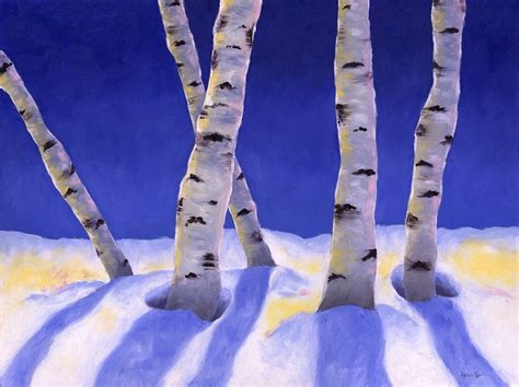 Framed Original Oil painting winter birch trees with blue