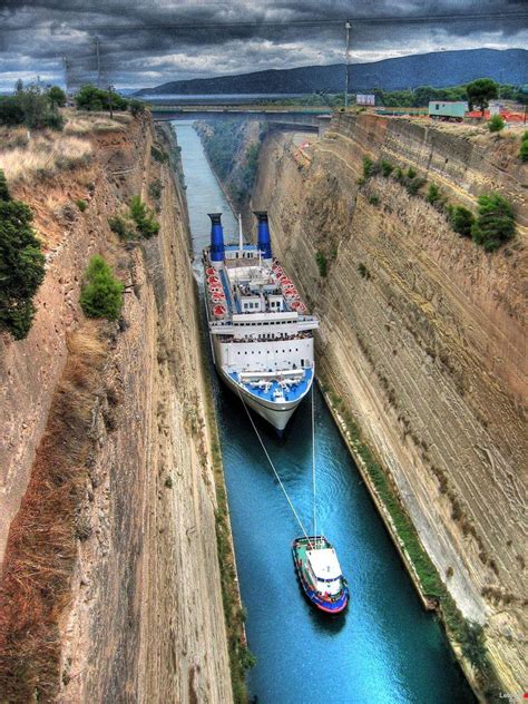 A Cruise Ship squeezing through the Corinth Canal in Greece.