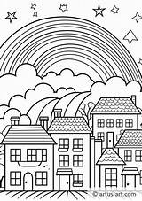 Rainbow Over A City Coloring Page » Free Download Artus Art sketch template
