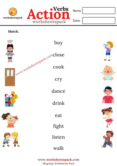 Action verbs matching worksheets pdf - Printable and Online Worksheets Pack