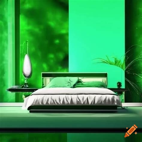 Futuristic bedroom with green accents on Craiyon