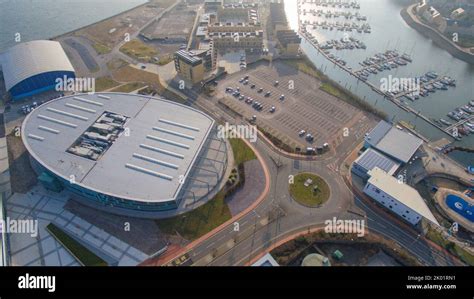 Aerial views of Cardiff Bay including The Vindico Arena, Cardiff International Pool and Cardiff ...