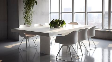 Premium AI Image | A Photo of a Modern White Dining Table with Minimalist Chairs