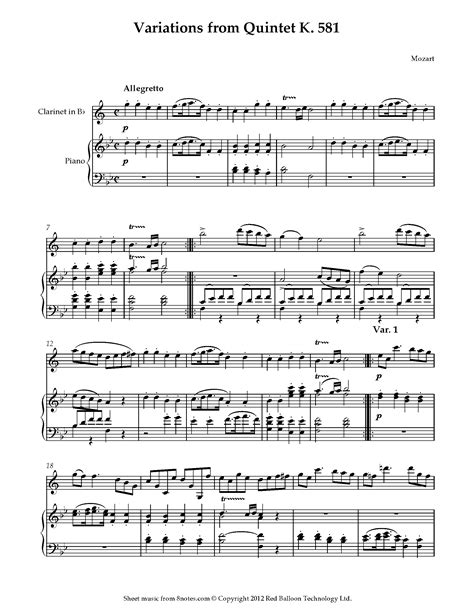 Mozart - Variations from Quintet K. 581 Sheet music for Clarinet ...