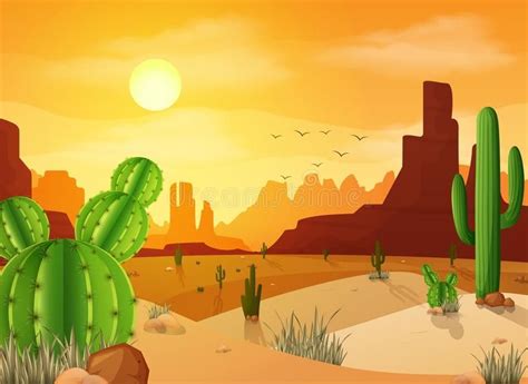 Desert landscape with cactuses on the sunset background. Illustration ...