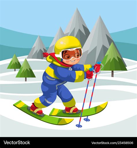 Cartoon little boy skiing on snowy hills Vector Image