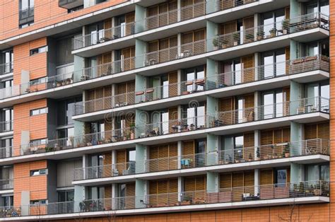 Apartment Building with Exterior Balconies Stock Image - Image of front ...