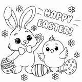 Cute Bunny And Chick Saying Happy Easter Waving In Greeting  sketch template