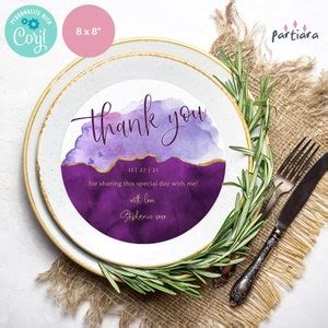 Editable Plate Charger Thank You Cards Purple Gold Round Table Decor Wedding Bridal Baby Shower ...