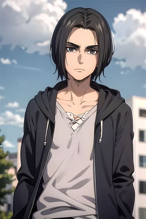 an anime character with black hair wearing a hoodie and looking off ...