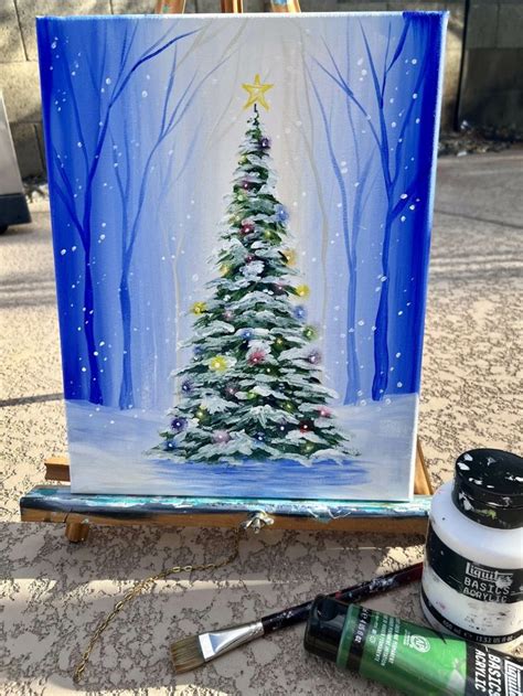 How To Paint A Christmas Tree In A Snowy Forest | Christmas canvas art, Christmas tree painting ...