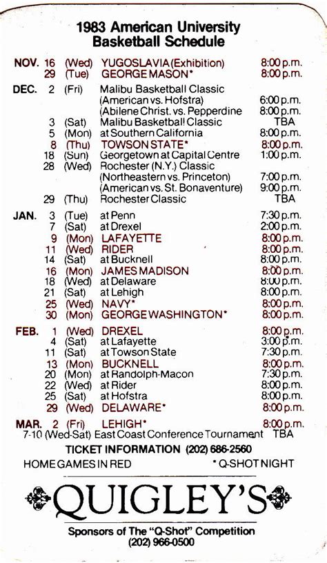 1983-84 AMERICAN UNIVERSITY EAGLES BASKETBALL POCKET SCHEDULE ...