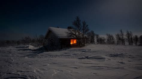 Download Snow Night Winter Man Made Cabin HD Wallpaper