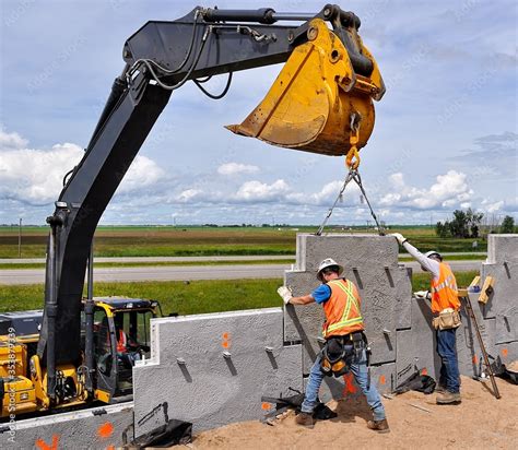 Mechanically Stabilized Earth (MSE) wall construction with an excavator lifting a concrete wall ...