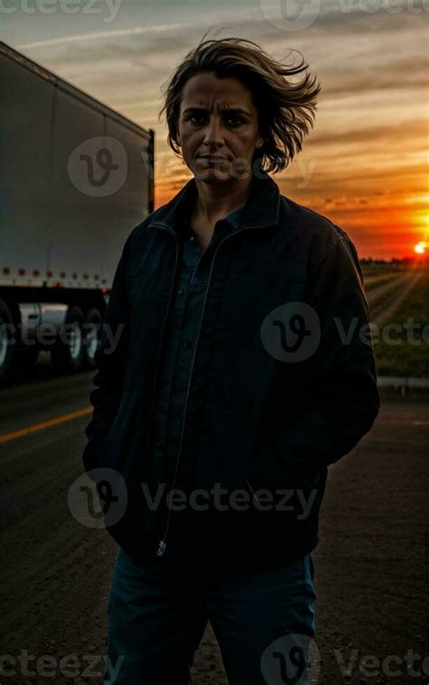 photo of truck driver with truck in background sunset scene generative ...