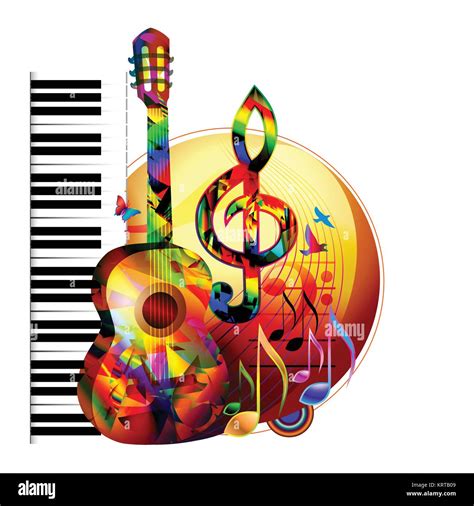 Colorful music background with guitar, piano keyboard, birds and music notes Stock Vector Image ...