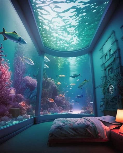 an underwater bedroom with fish and corals in the water on the walls is lit by a lamp